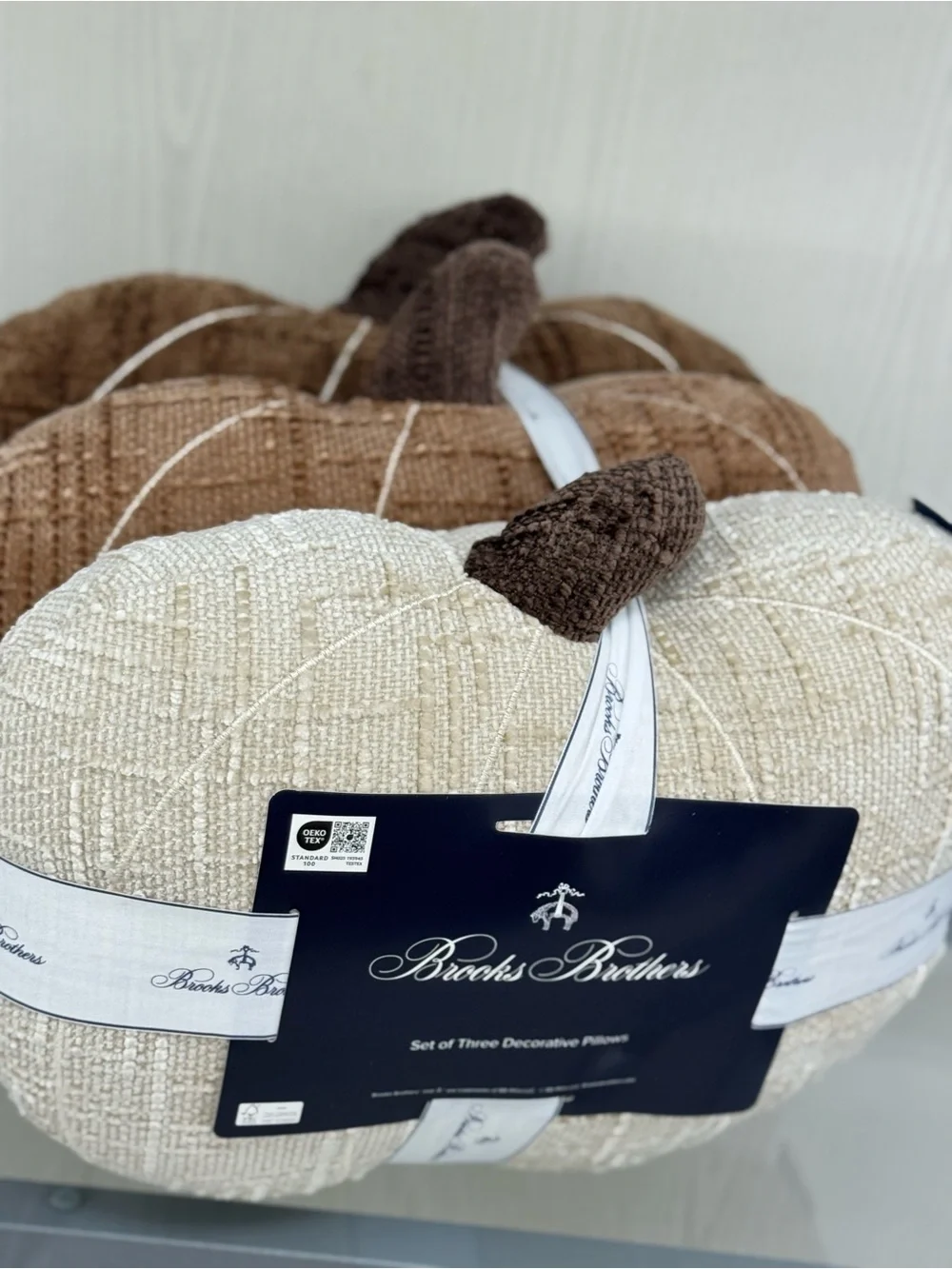 Brooks Brothers Cream and Brown Decorative Pumpkin Throw Pillows (Set of 3)